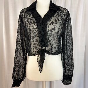 Vintage MAURICES Black Velvet Simi Sheer Button and Tie Front Cropped Blouse k14